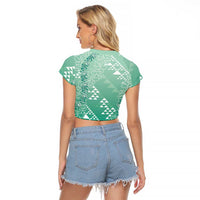 Hawaii Jade Green Kapa Raglan Cropped T Shirt Vintage 'Ohe Kāpala Motifs Mix Plumeria Leis LT7 - Polynesian Pride