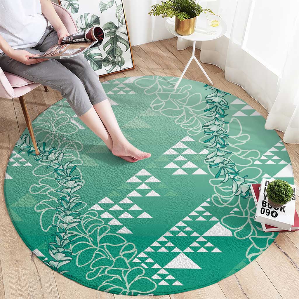 Hawaii Jade Green Kapa Round Carpet Vintage 'Ohe Kāpala Motifs Mix Plumeria Leis LT7 - Polynesian Pride