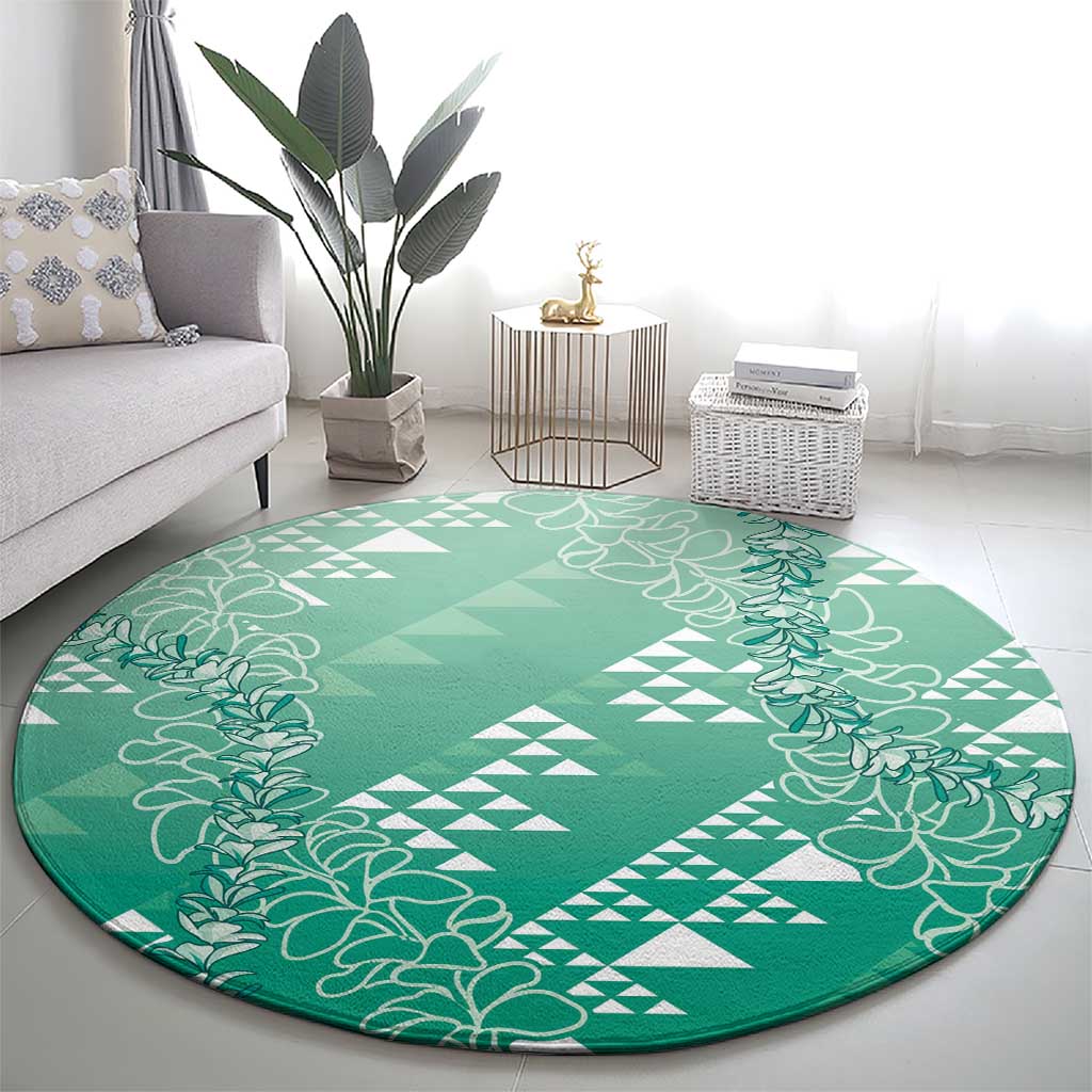 Hawaii Jade Green Kapa Round Carpet Vintage 'Ohe Kāpala Motifs Mix Plumeria Leis LT7 - Polynesian Pride