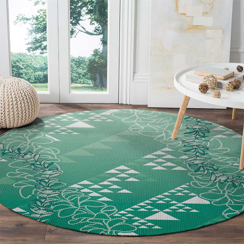 Hawaii Jade Green Kapa Round Carpet Vintage 'Ohe Kāpala Motifs Mix Plumeria Leis LT7 - Polynesian Pride