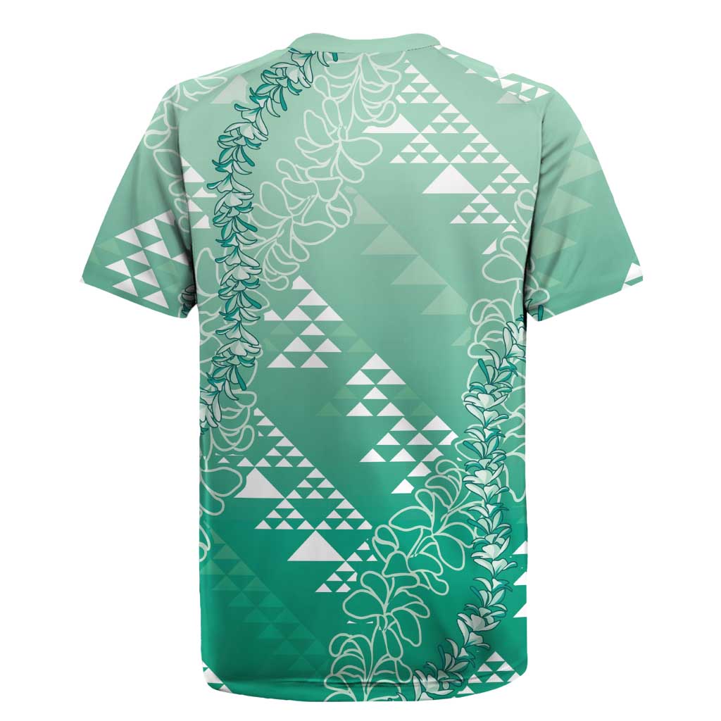 Hawaii Jade Green Kapa Rugby Jersey Vintage 'Ohe Kāpala Motifs Mix Plumeria Leis