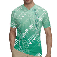 Hawaii Jade Green Kapa Rugby Jersey Vintage 'Ohe Kāpala Motifs Mix Plumeria Leis