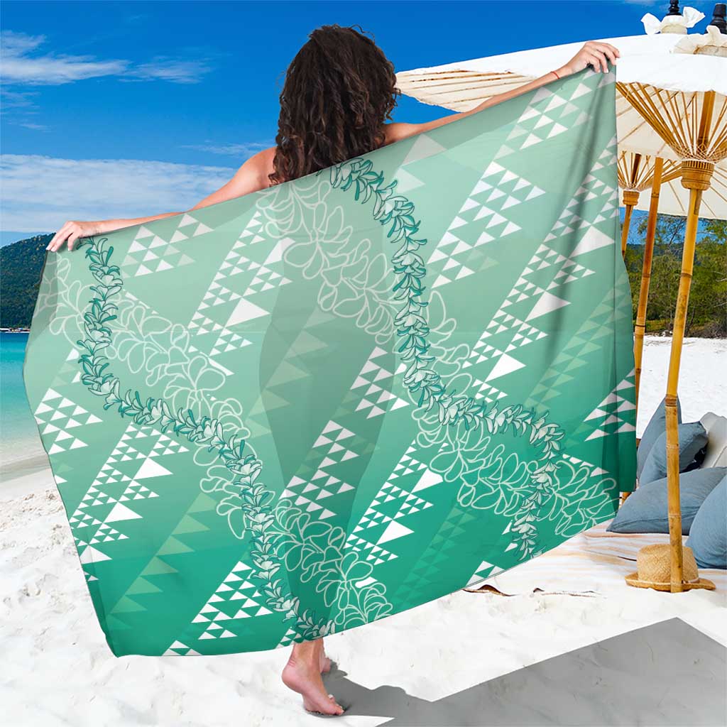 Hawaii Jade Green Kapa Sarong Vintage 'Ohe Kāpala Motifs Mix Plumeria Leis