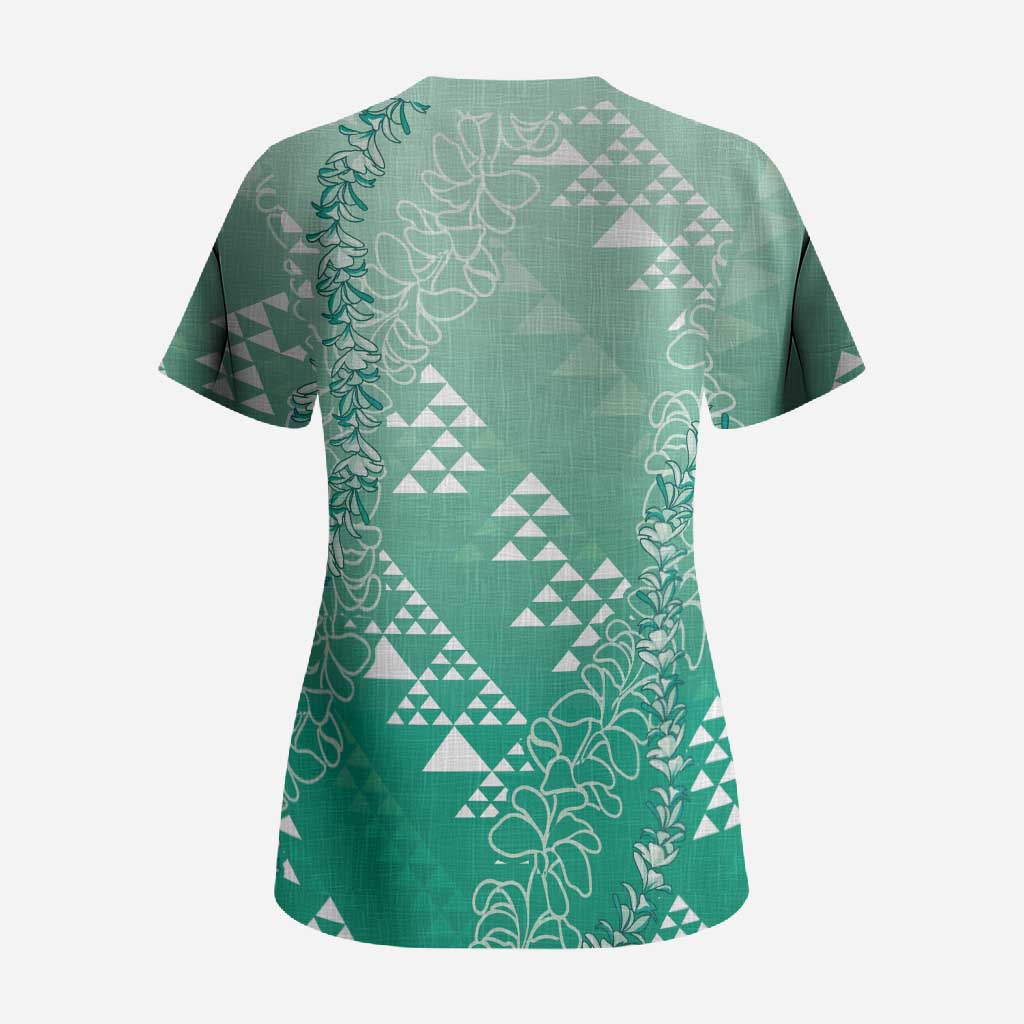 Hawaii Jade Green Kapa Scrub Top Vintage 'Ohe Kāpala Motifs Mix Plumeria Leis LT7 - Polynesian Pride