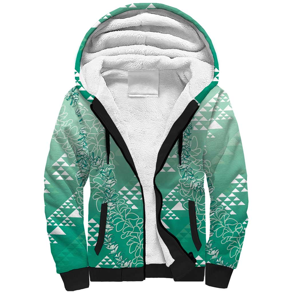 Hawaii Jade Green Kapa Sherpa Hoodie Vintage 'Ohe Kāpala Motifs Mix Plumeria Leis