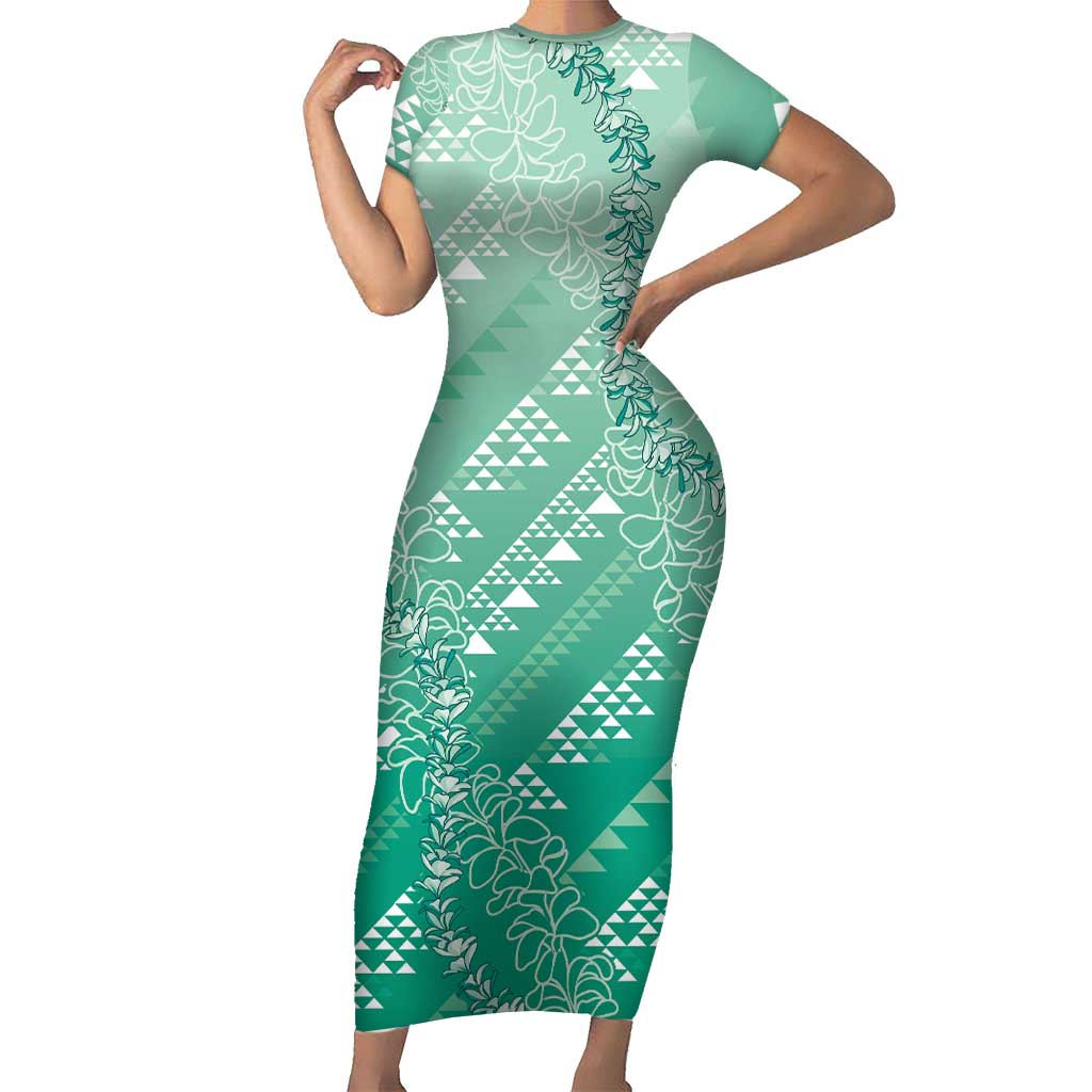 Hawaii Jade Green Kapa Short Sleeve Bodycon Dress Vintage 'Ohe Kāpala Motifs Mix Plumeria Leis LT7 Long Dress Jade Green - Polynesian Pride