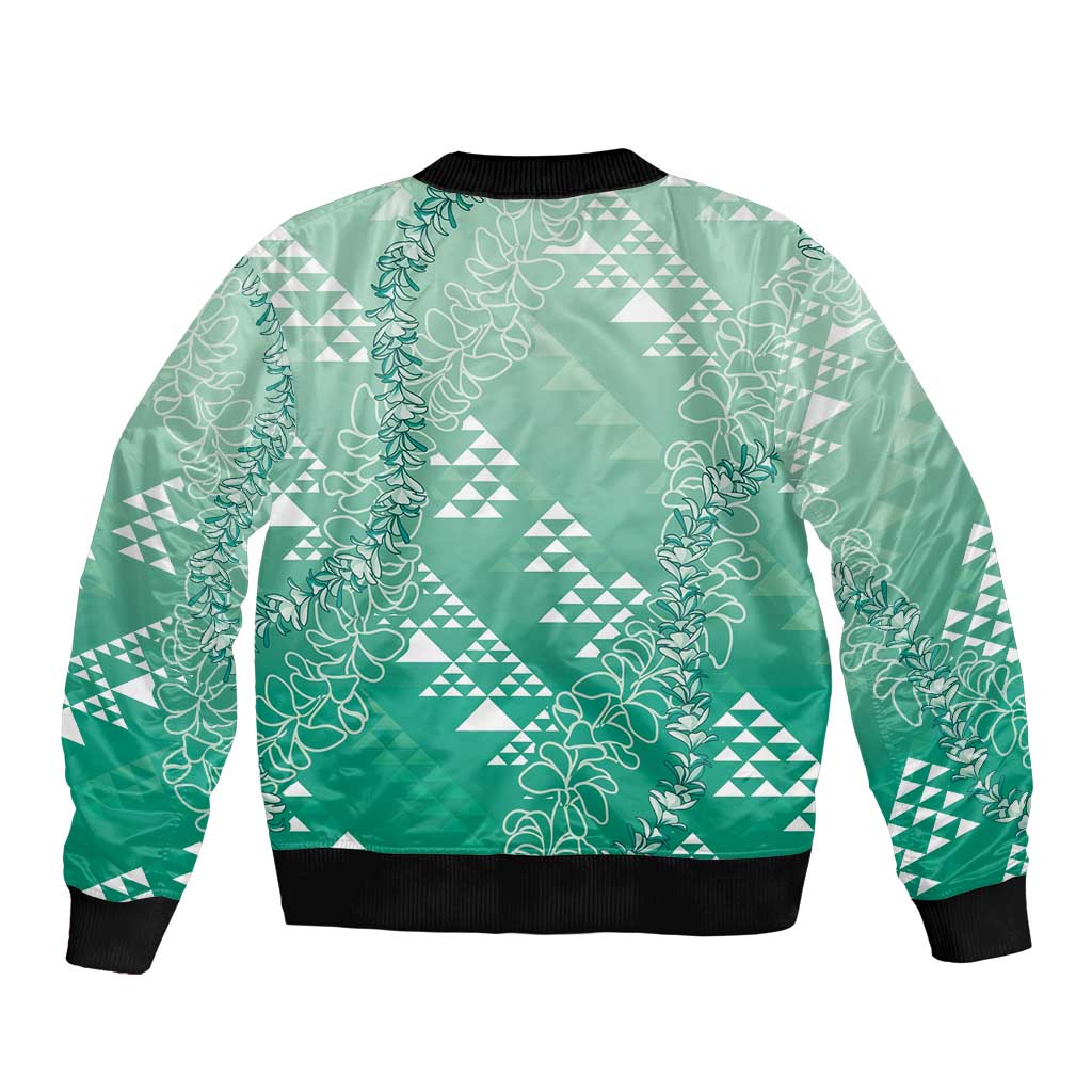 Hawaii Jade Green Kapa Sleeve Zip Bomber Jacket Vintage 'Ohe Kāpala Motifs Mix Plumeria Leis LT7 - Polynesian Pride
