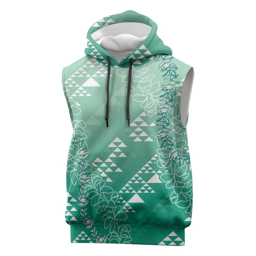 Hawaii Jade Green Kapa Sleeveless Hoodie Vintage 'Ohe Kāpala Motifs Mix Plumeria Leis