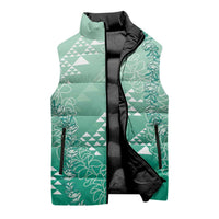 Hawaii Jade Green Kapa Sleeveless Puffer Jacket Vintage 'Ohe Kāpala Motifs Mix Plumeria Leis LT7 - Polynesian Pride