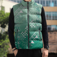Hawaii Jade Green Kapa Sleeveless Puffer Jacket Vintage 'Ohe Kāpala Motifs Mix Plumeria Leis LT7 - Polynesian Pride