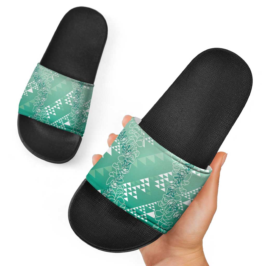 Hawaii Jade Green Kapa Slide Sandals Vintage 'Ohe Kāpala Motifs Mix Plumeria Leis LT7 - Polynesian Pride
