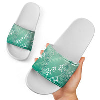 Hawaii Jade Green Kapa Slide Sandals Vintage 'Ohe Kāpala Motifs Mix Plumeria Leis LT7 - Polynesian Pride