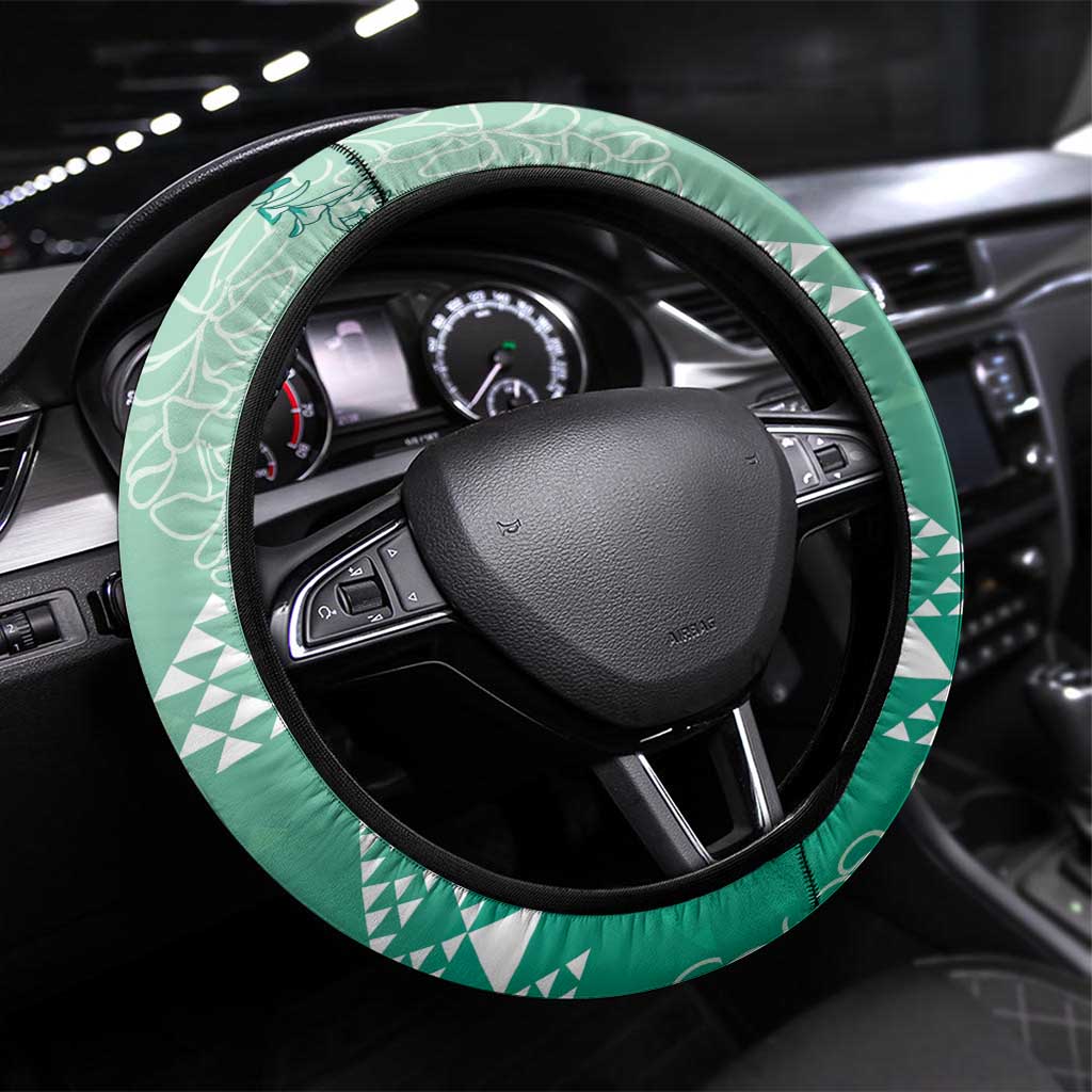 Hawaii Jade Green Kapa Steering Wheel Cover Vintage 'Ohe Kāpala Motifs Mix Plumeria Leis LT7 Universal Fit Jade Green - Polynesian Pride