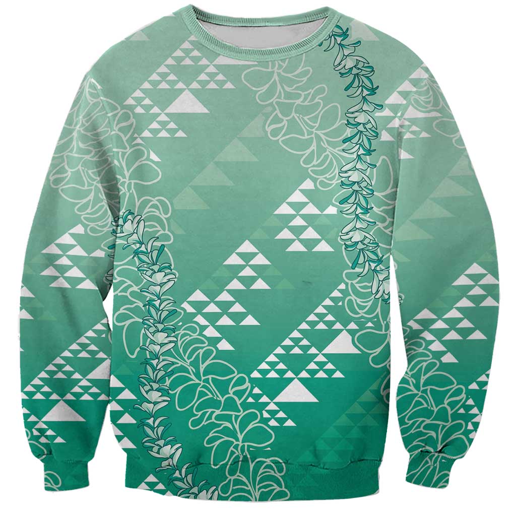 Hawaii Jade Green Kapa Sweatshirt Vintage 'Ohe Kāpala Motifs Mix Plumeria Leis LT7 Unisex Jade Green - Polynesian Pride
