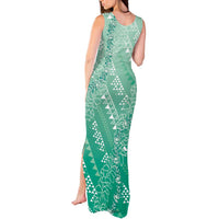 Hawaii Jade Green Kapa Tank Maxi Dress Vintage 'Ohe Kāpala Motifs Mix Plumeria Leis LT7 - Polynesian Pride