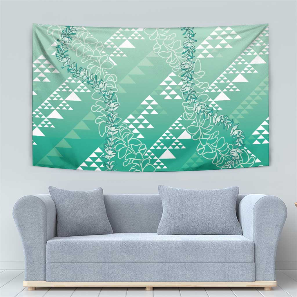 Hawaii Jade Green Kapa Tapestry Vintage 'Ohe Kāpala Motifs Mix Plumeria Leis