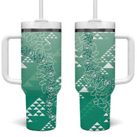 Hawaii Jade Green Kapa Tumbler With Handle Vintage 'Ohe Kāpala Motifs Mix Plumeria Leis LT7 One Size: 40 oz Jade Green - Polynesian Pride