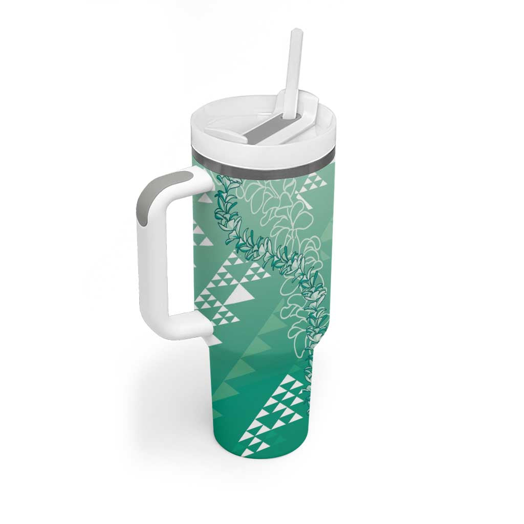Hawaii Jade Green Kapa Tumbler With Handle Vintage 'Ohe Kāpala Motifs Mix Plumeria Leis LT7 - Polynesian Pride