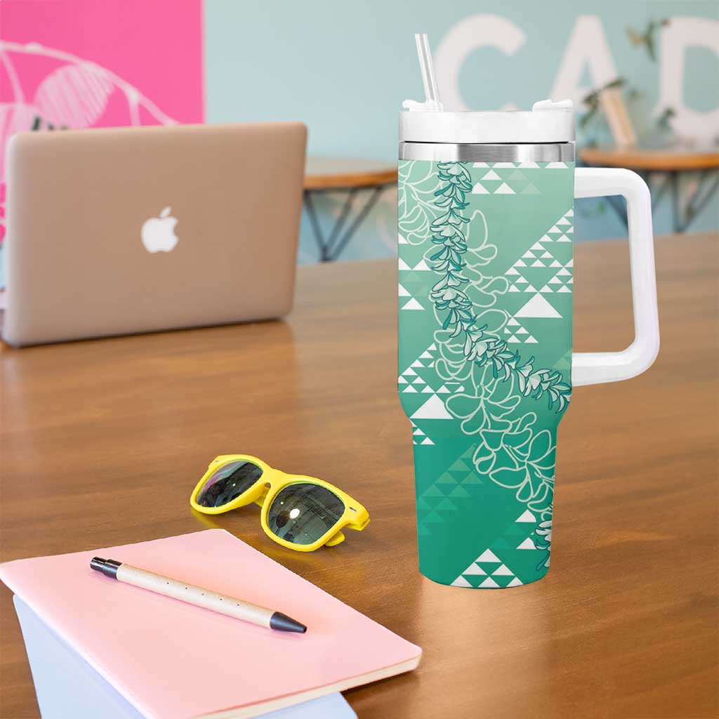 Hawaii Jade Green Kapa Tumbler With Handle Vintage 'Ohe Kāpala Motifs Mix Plumeria Leis LT7 - Polynesian Pride