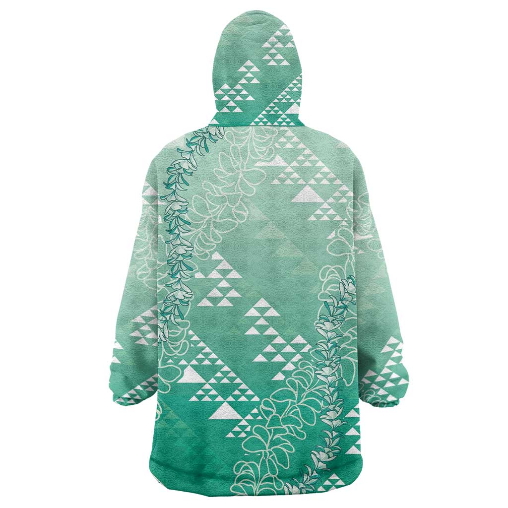 Hawaii Jade Green Kapa Wearable Blanket Hoodie Vintage 'Ohe Kāpala Motifs Mix Plumeria Leis