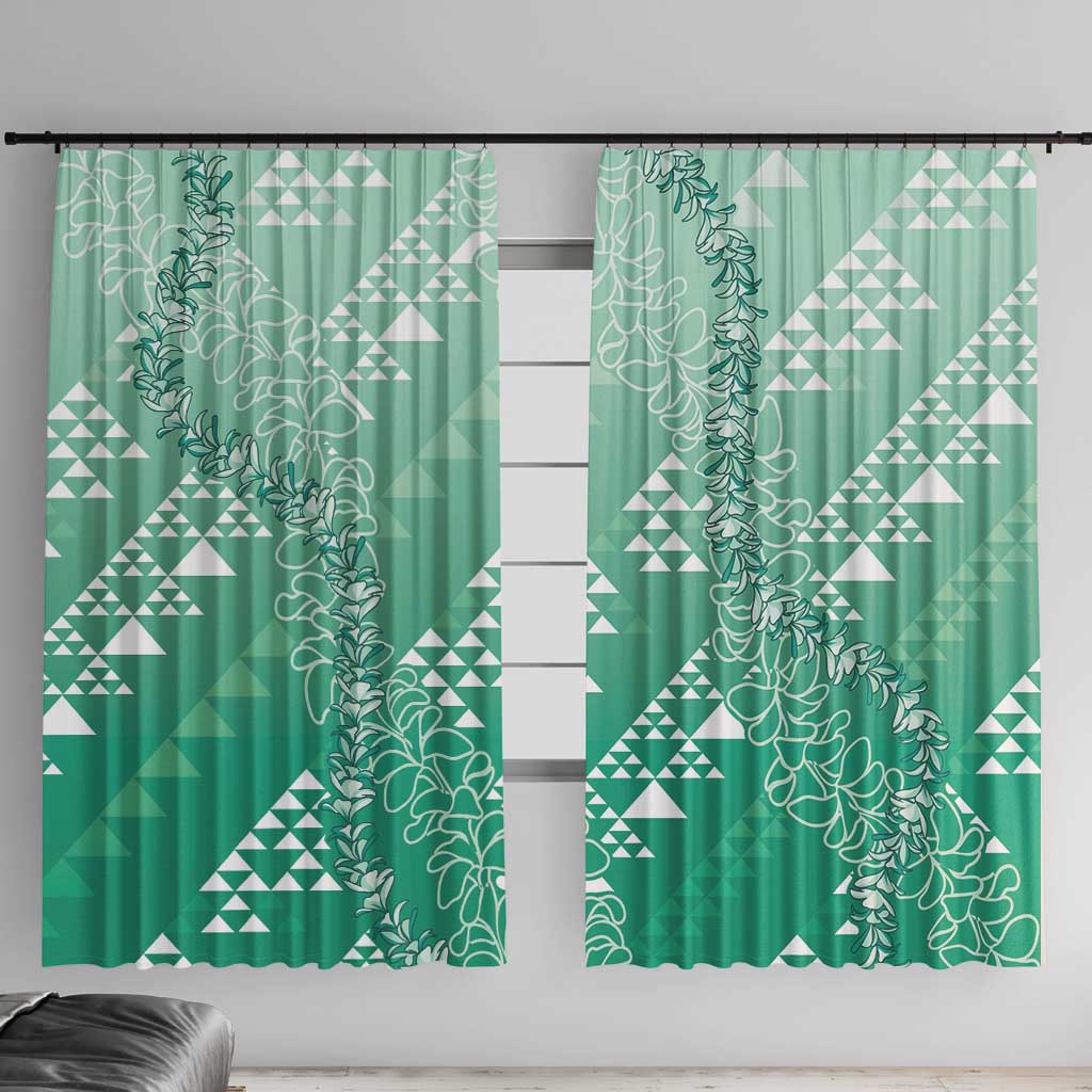 Hawaii Jade Green Kapa Window Curtain Vintage 'Ohe Kāpala Motifs Mix Plumeria Leis LT7 With Hooks Jade Green - Polynesian Pride
