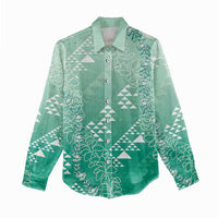 Hawaii Jade Green Kapa Women Casual Shirt Vintage 'Ohe Kāpala Motifs Mix Plumeria Leis