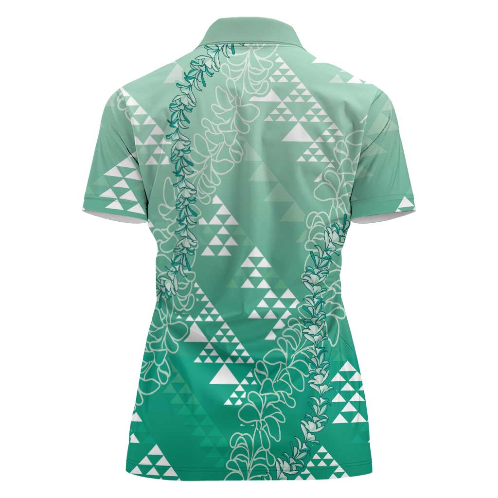 Hawaii Jade Green Kapa Women Polo Shirt Vintage 'Ohe Kāpala Motifs Mix Plumeria Leis