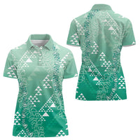 Hawaii Jade Green Kapa Women Polo Shirt Vintage 'Ohe Kāpala Motifs Mix Plumeria Leis