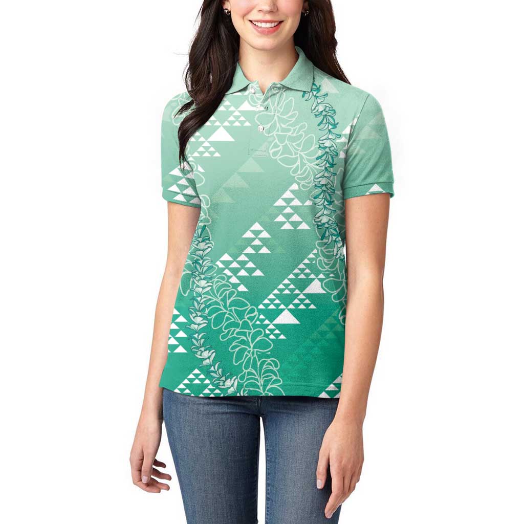 Hawaii Jade Green Kapa Women Polo Shirt Vintage 'Ohe Kāpala Motifs Mix Plumeria Leis