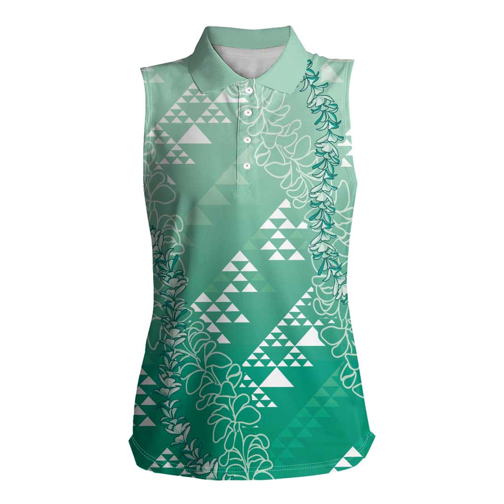 Hawaii Jade Green Kapa Women Sleeveless Polo Shirt Vintage 'Ohe Kāpala Motifs Mix Plumeria Leis