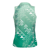 Hawaii Jade Green Kapa Women Sleeveless Polo Shirt Vintage 'Ohe Kāpala Motifs Mix Plumeria Leis