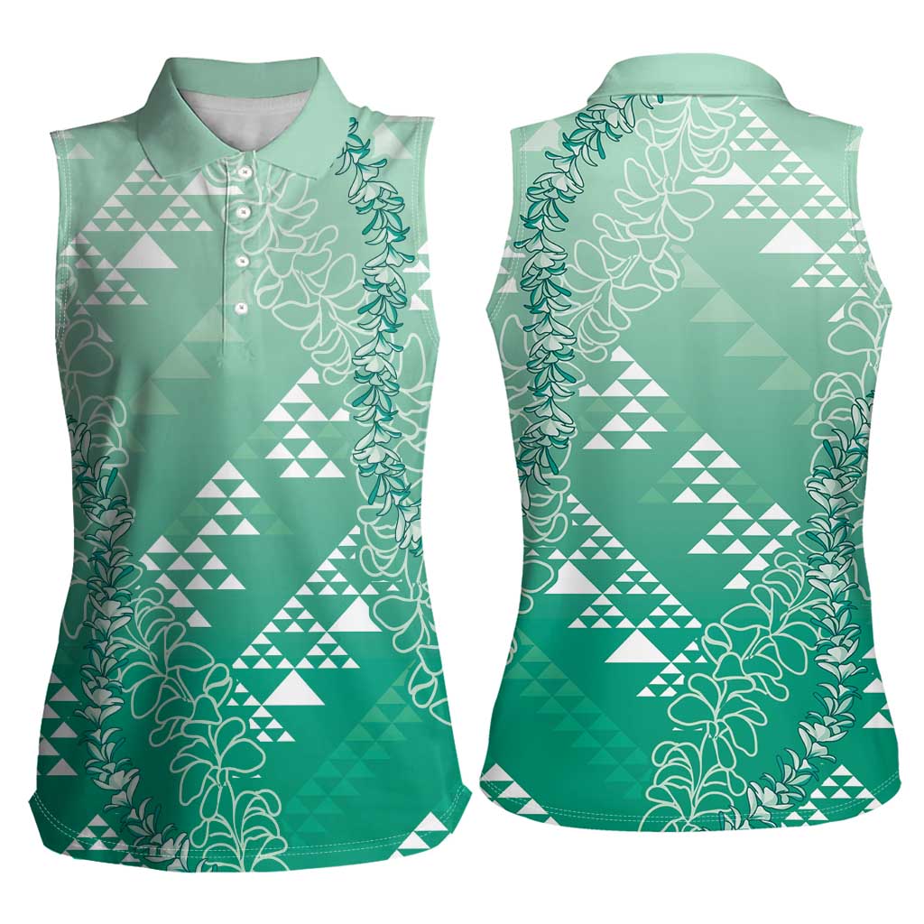 Hawaii Jade Green Kapa Women Sleeveless Polo Shirt Vintage 'Ohe Kāpala Motifs Mix Plumeria Leis