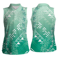 Hawaii Jade Green Kapa Women Sleeveless Polo Shirt Vintage 'Ohe Kāpala Motifs Mix Plumeria Leis