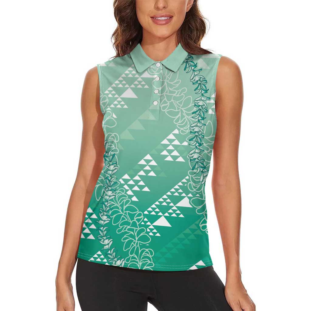 Hawaii Jade Green Kapa Women Sleeveless Polo Shirt Vintage 'Ohe Kāpala Motifs Mix Plumeria Leis