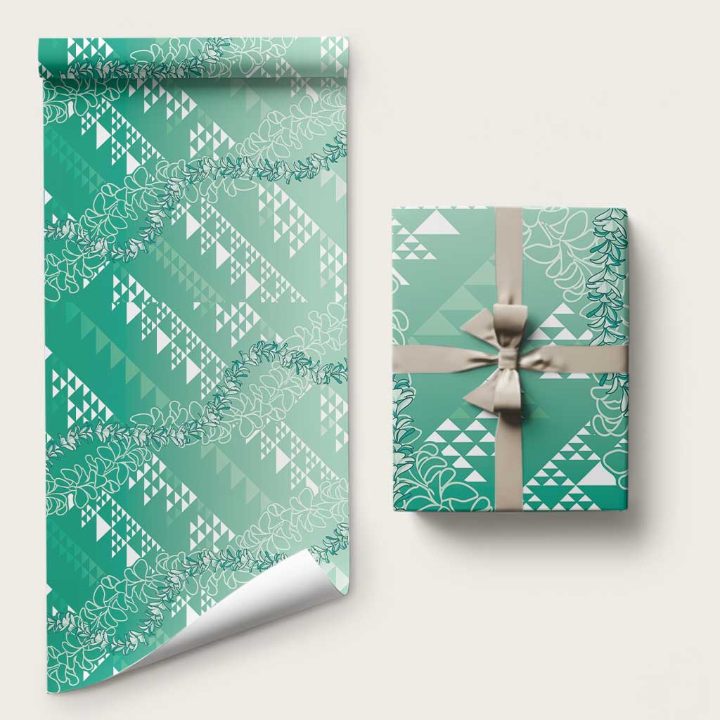 Hawaii Kapa Vintage Motifs Mix Plumeria Leis Wrapping Paper Jade Green LT7 58" × 23" Jade Green - Polynesian Pride