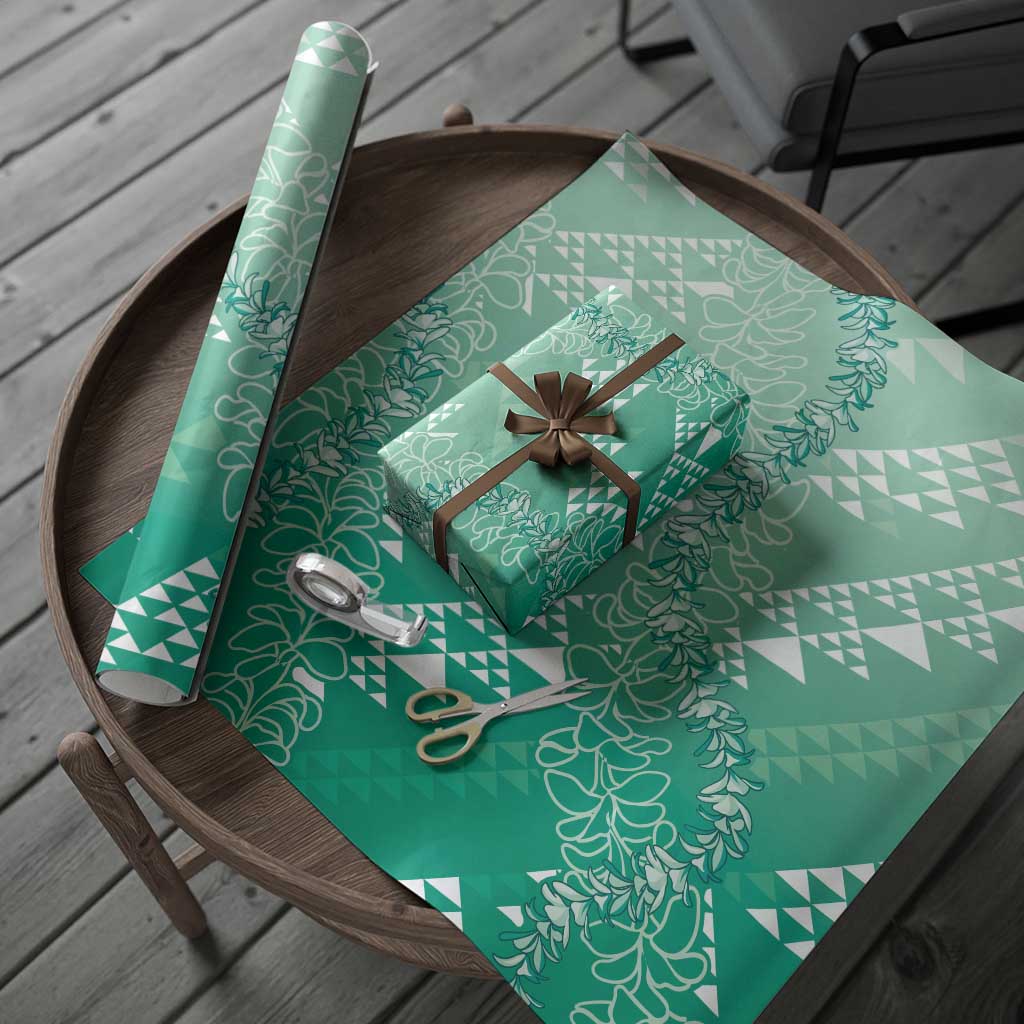 Hawaii Kapa Vintage Motifs Mix Plumeria Leis Wrapping Paper Jade Green