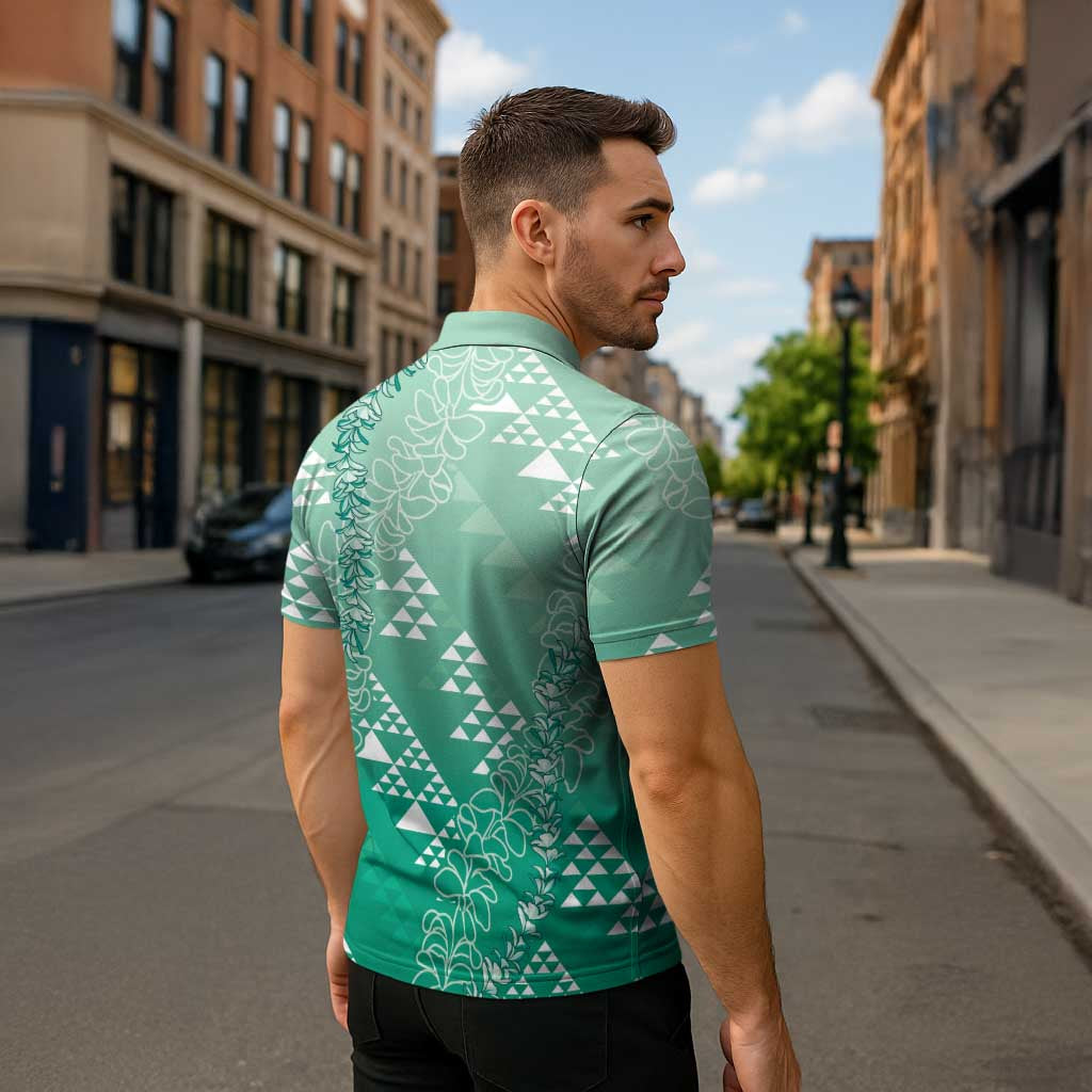 Hawaii Jade Green Kapa Zipper Polo Shirt Vintage 'Ohe Kāpala Motifs Mix Plumeria Leis