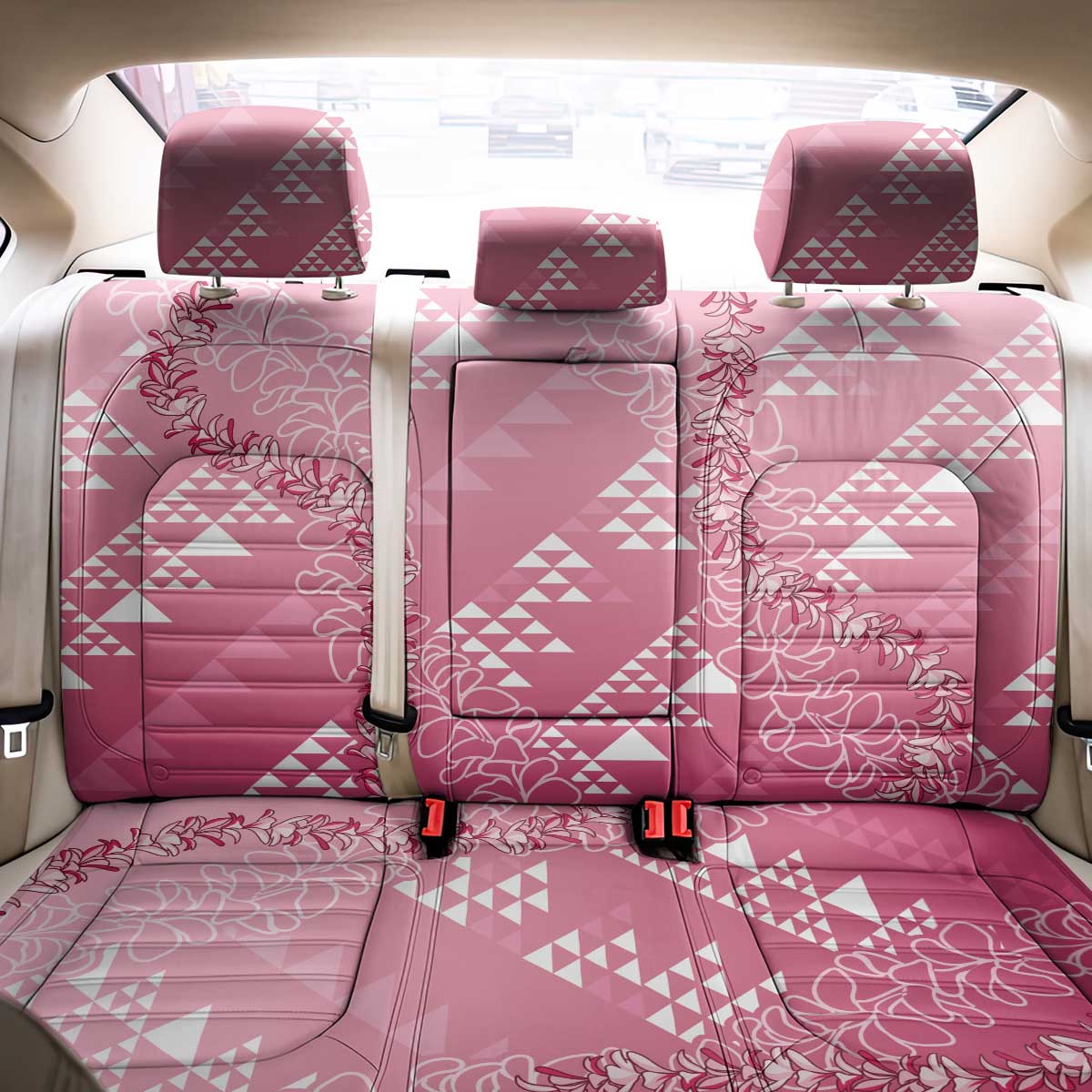 Hawaii Rose Pink Kapa Back Car Seat Cover Vintage 'Ohe Kāpala Motifs Mix Plumeria Leis LT7 - Polynesian Pride