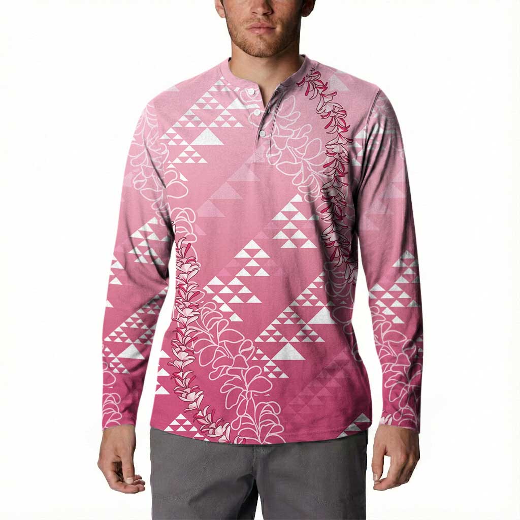 Hawaii Rose Pink Kapa Button Sweatshirt Vintage 'Ohe Kāpala Motifs Mix Plumeria Leis