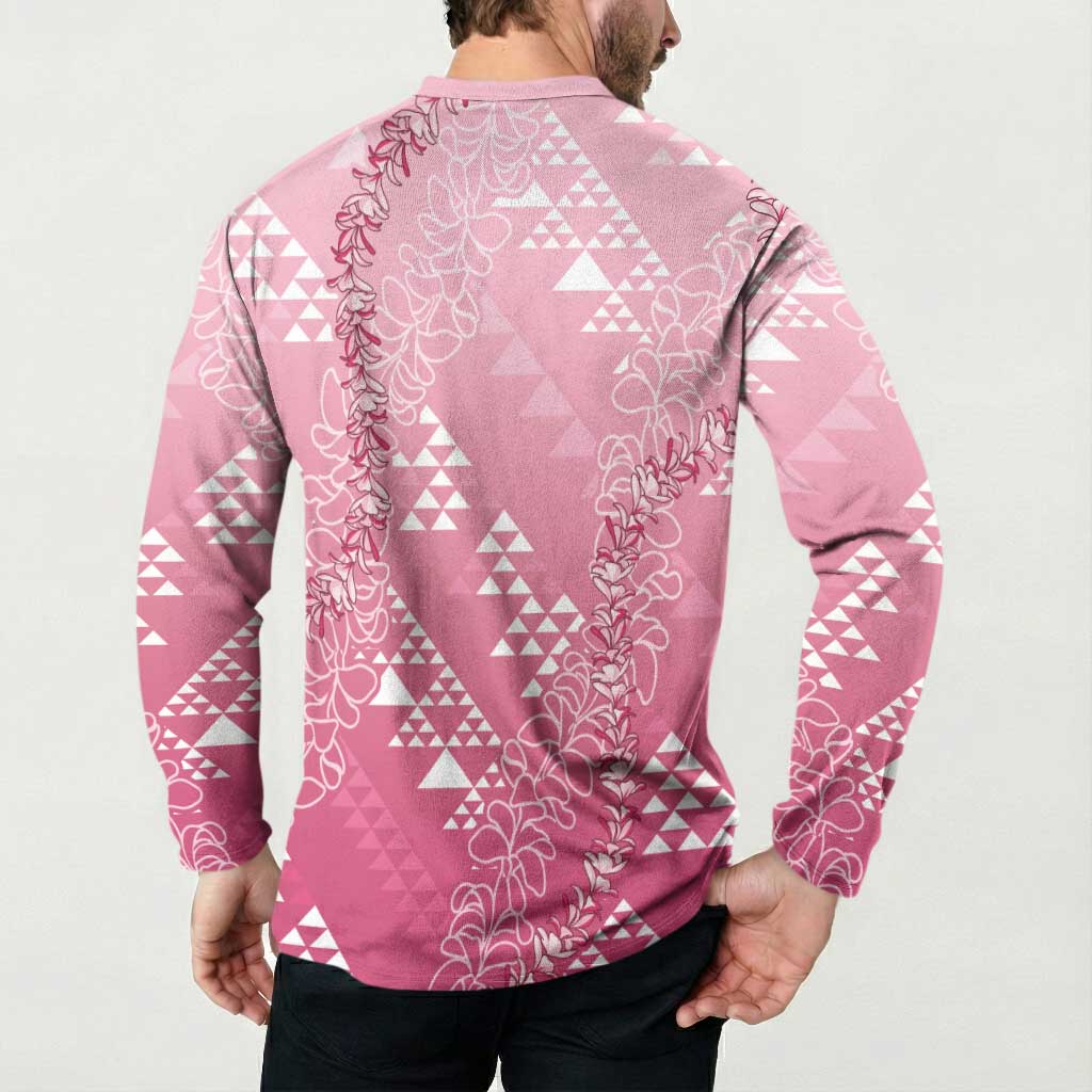 Hawaii Rose Pink Kapa Button Sweatshirt Vintage 'Ohe Kāpala Motifs Mix Plumeria Leis