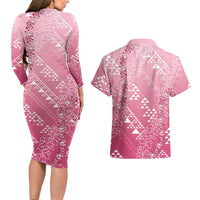 Hawaii Rose Pink Kapa Couples Matching Long Sleeve Bodycon Dress and Hawaiian Shirt Vintage 'Ohe Kāpala Motifs Mix Plumeria Leis LT7 - Polynesian Pride