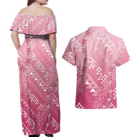 Hawaii Rose Pink Kapa Couples Matching Off Shoulder Maxi Dress and Hawaiian Shirt Vintage 'Ohe Kāpala Motifs Mix Plumeria Leis LT7 - Polynesian Pride