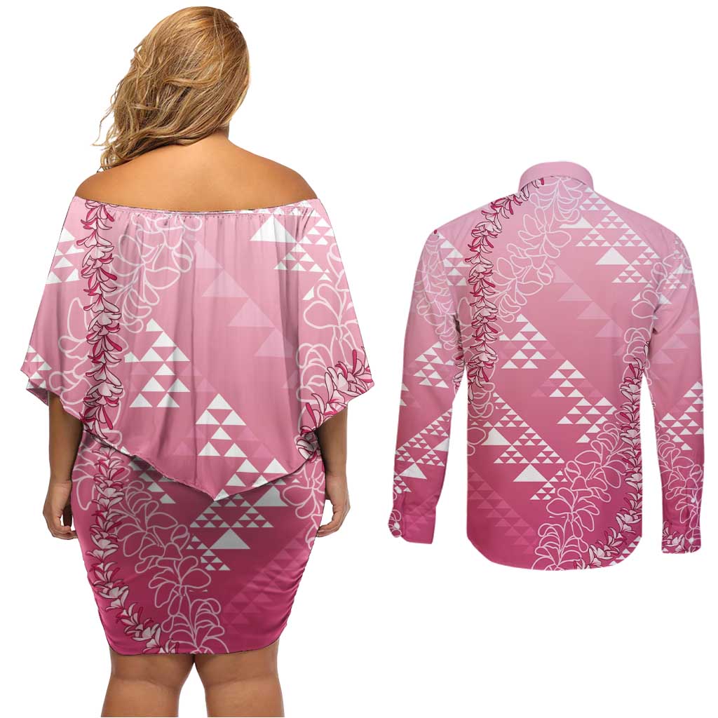 Hawaii Rose Pink Kapa Couples Matching Off Shoulder Short Dress and Long Sleeve Button Shirt Vintage 'Ohe Kāpala Motifs Mix Plumeria Leis