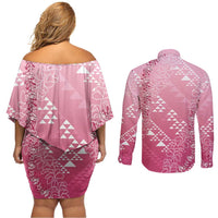 Hawaii Rose Pink Kapa Couples Matching Off Shoulder Short Dress and Long Sleeve Button Shirt Vintage 'Ohe Kāpala Motifs Mix Plumeria Leis