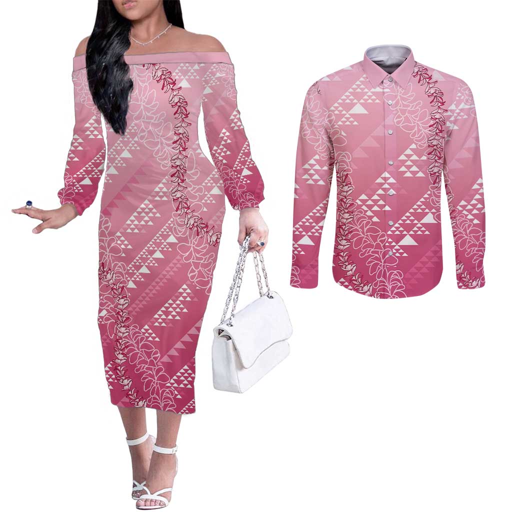 Hawaii Rose Pink Kapa Couples Matching Off The Shoulder Long Sleeve Dress and Long Sleeve Button Shirt Vintage 'Ohe Kāpala Motifs Mix Plumeria Leis LT7 Rose Pink - Polynesian Pride