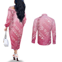 Hawaii Rose Pink Kapa Couples Matching Off The Shoulder Long Sleeve Dress and Long Sleeve Button Shirt Vintage 'Ohe Kāpala Motifs Mix Plumeria Leis LT7 - Polynesian Pride