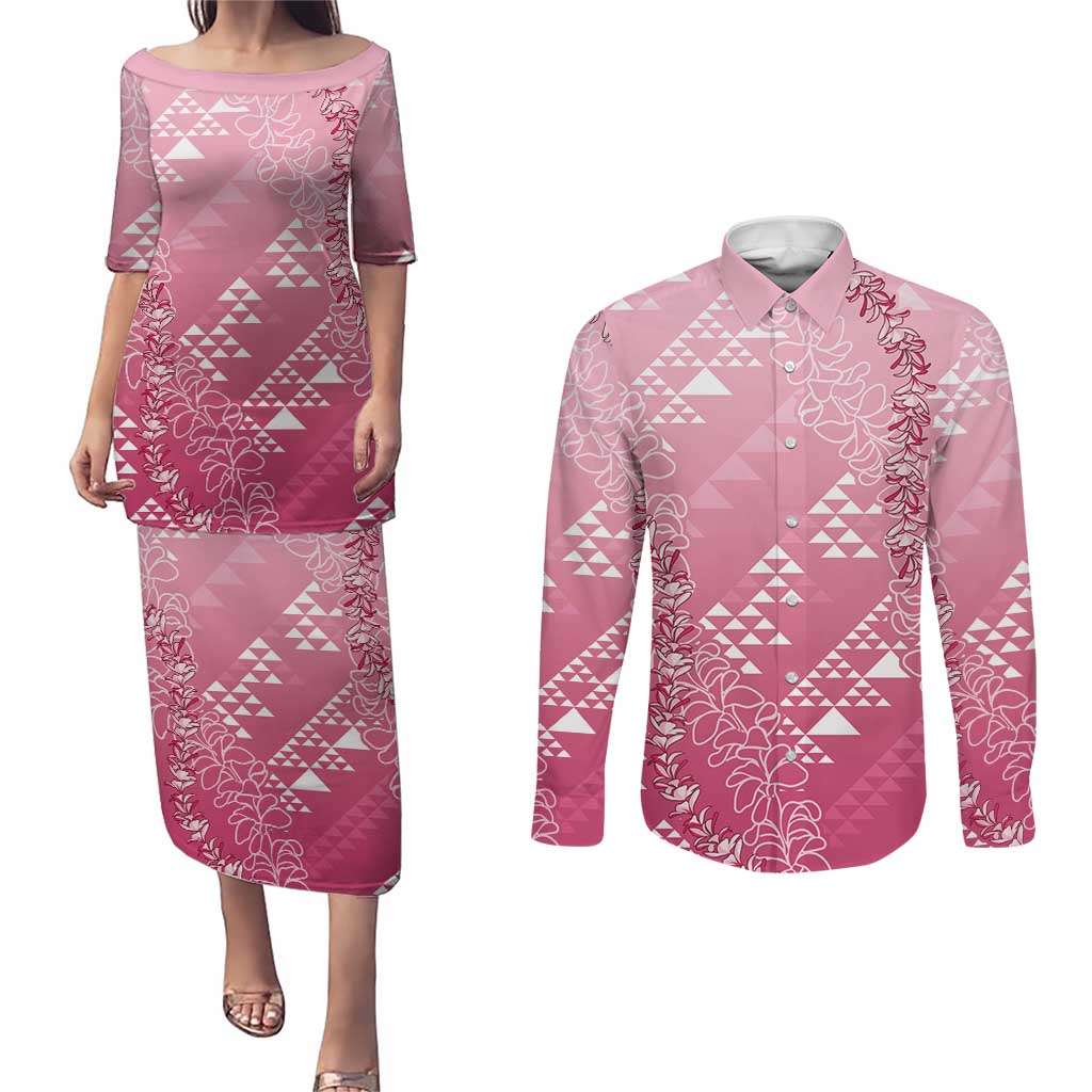 Hawaii Rose Pink Kapa Couples Matching Puletasi and Long Sleeve Button Shirt Vintage 'Ohe Kāpala Motifs Mix Plumeria Leis