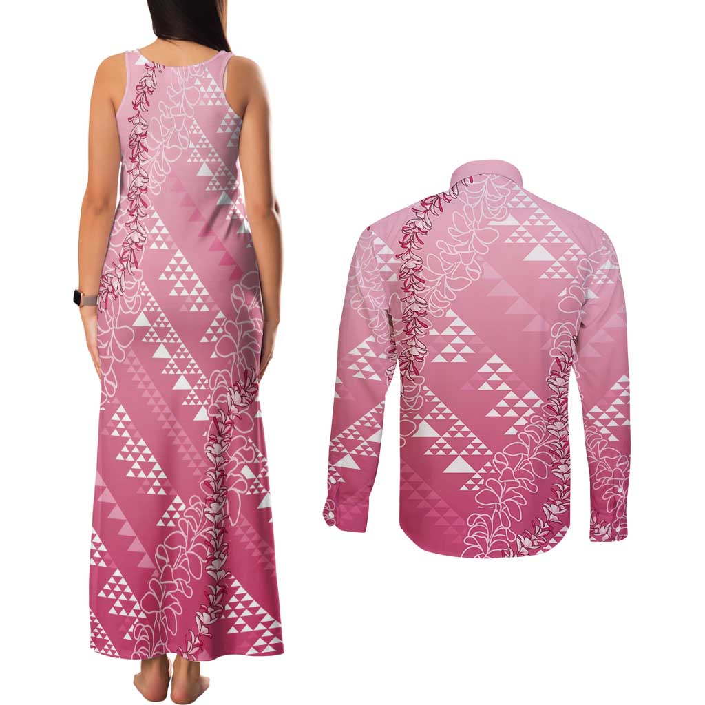 Hawaii Rose Pink Kapa Couples Matching Tank Maxi Dress and Long Sleeve Button Shirt Vintage 'Ohe Kāpala Motifs Mix Plumeria Leis