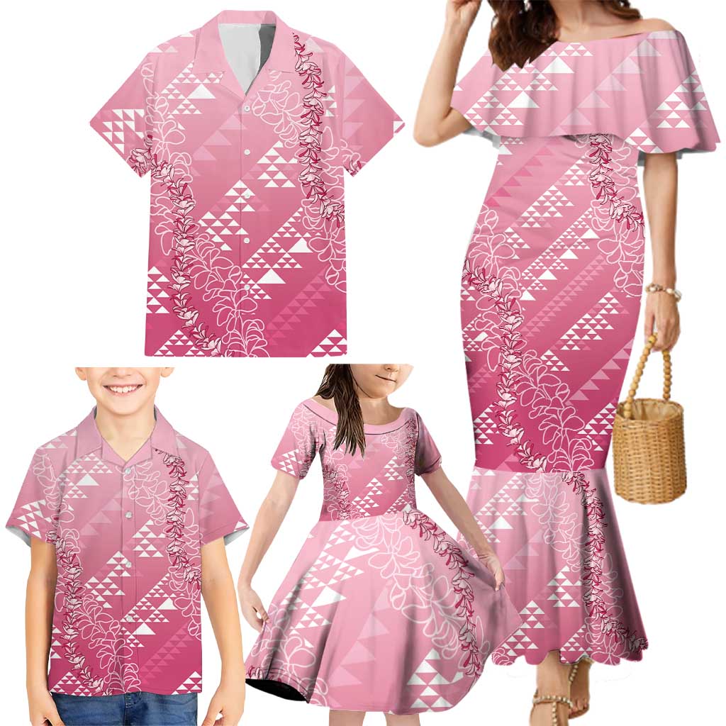Hawaii Rose Pink Kapa Family Matching Mermaid Dress and Hawaiian Shirt Vintage 'Ohe Kāpala Motifs Mix Plumeria Leis LT7 - Polynesian Pride
