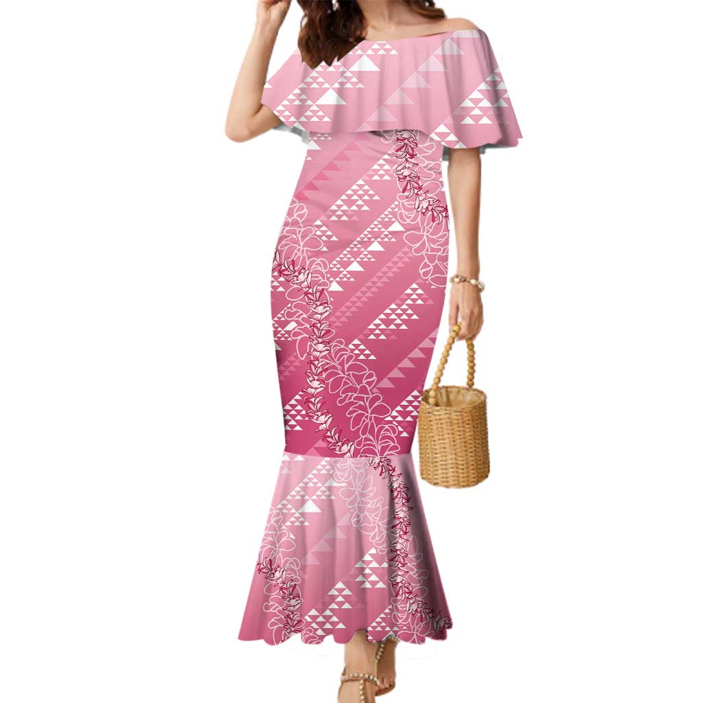 Hawaii Rose Pink Kapa Family Matching Mermaid Dress and Hawaiian Shirt Vintage 'Ohe Kāpala Motifs Mix Plumeria Leis LT7 Mom's Dress Rose Pink - Polynesian Pride